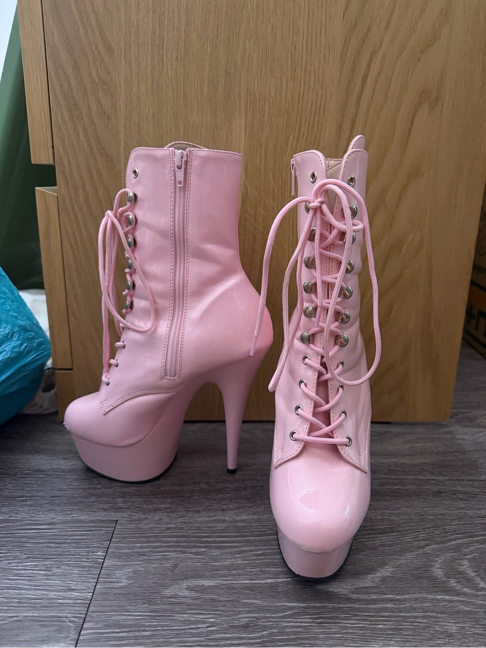 Pleaser Pink Lace-Up Platform Stiletto Boots